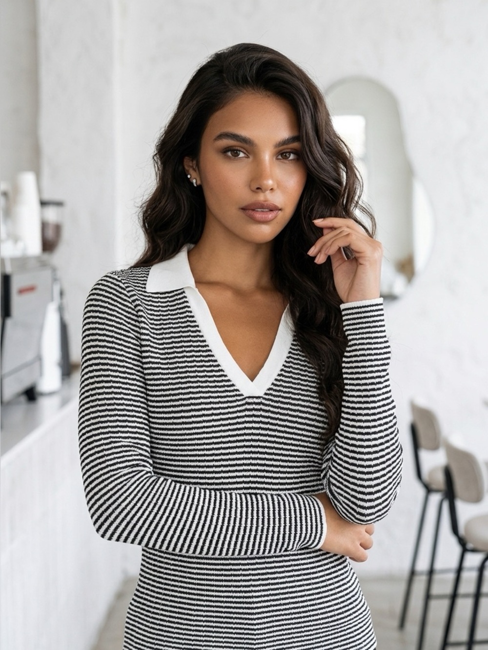 Elie Tahari Striped V-Neck Collared Women's Sweater in Black and White
